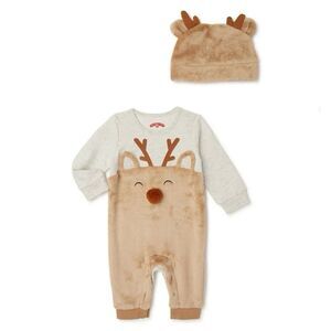 Holiday Reindeer Baby Romper Onesie with Matching Hat 0-3 Months